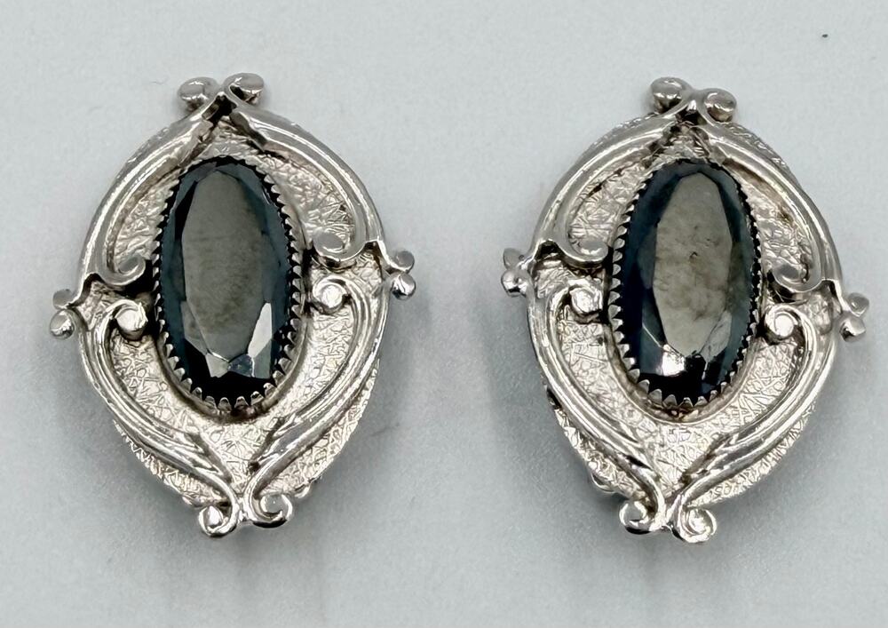 Vintage Whitting & Davis Ornate Oval Hematite Silver Tone Clip-On Earrings